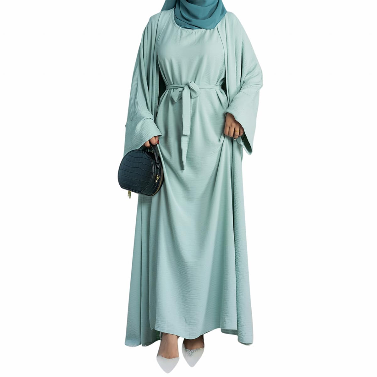 2PCS Womens Muslim Dresses Abaya Islamic Dubai Prayer Dress Robe Long Cardigan Maxi Dress Light Green