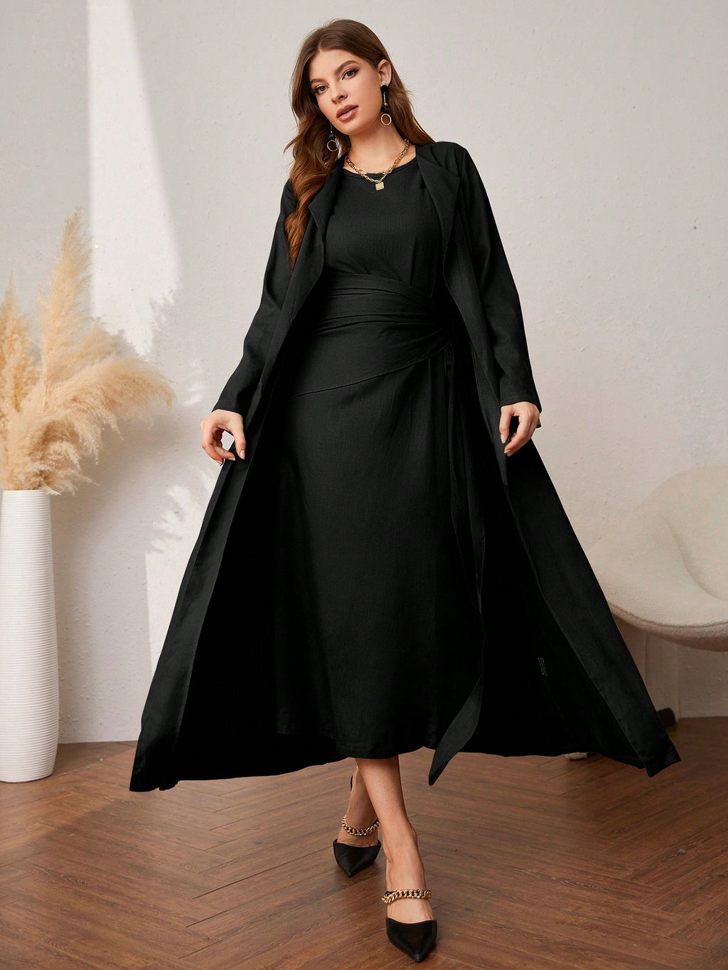 Al Najma Solid Color Elegant Sleeveless Dress with Ankle-Length Coat Set Abayas
