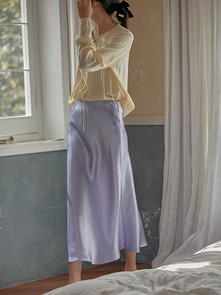 Elegant A-line Satin Silk Skirt for Women - Black/Champagne