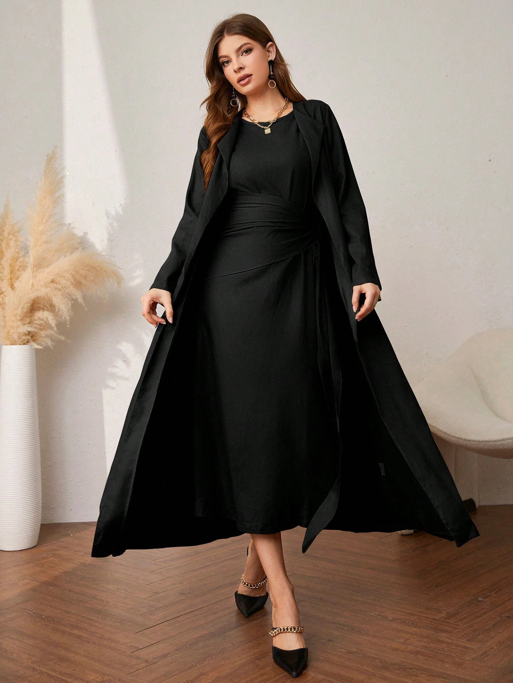 Al Najma Solid Color Elegant Sleeveless Dress with Ankle-Length Coat Set Abayas
