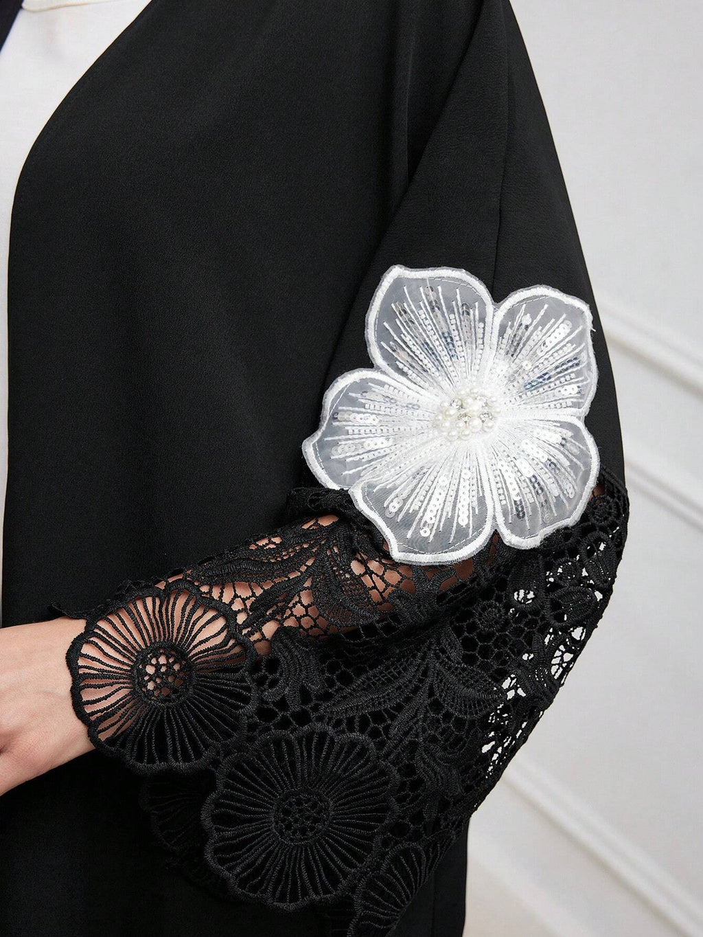 Al Najma Women Loose Fit Arabic Style Abaya Robe with Lace Cuff Patchwork & Embroidery Decor