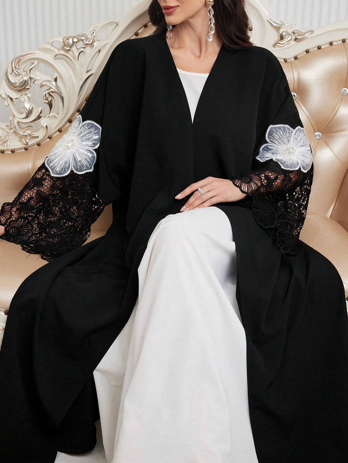 Al Najma Women Loose Fit Arabic Style Abaya Robe with Lace Cuff Patchwork & Embroidery Decor