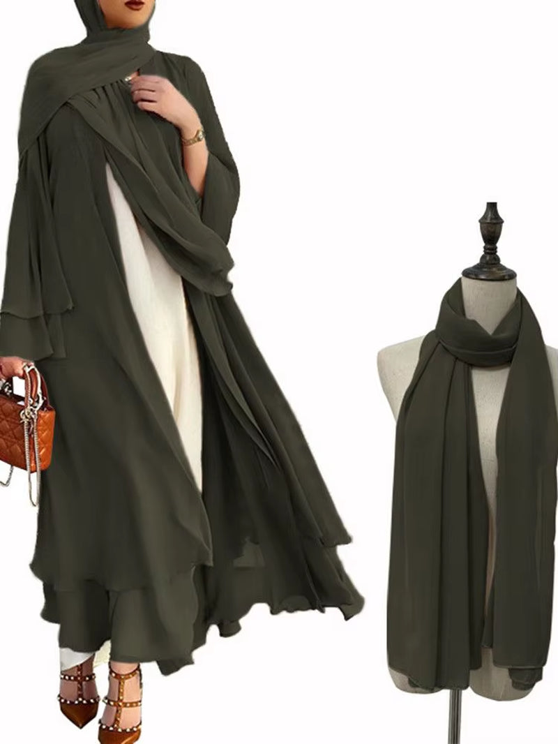 Fashion Chiffon Abaya Kimono Dubai Muslim Cardigan Abayas Women Casual Robe Female Islam Clothes with Belt F2664