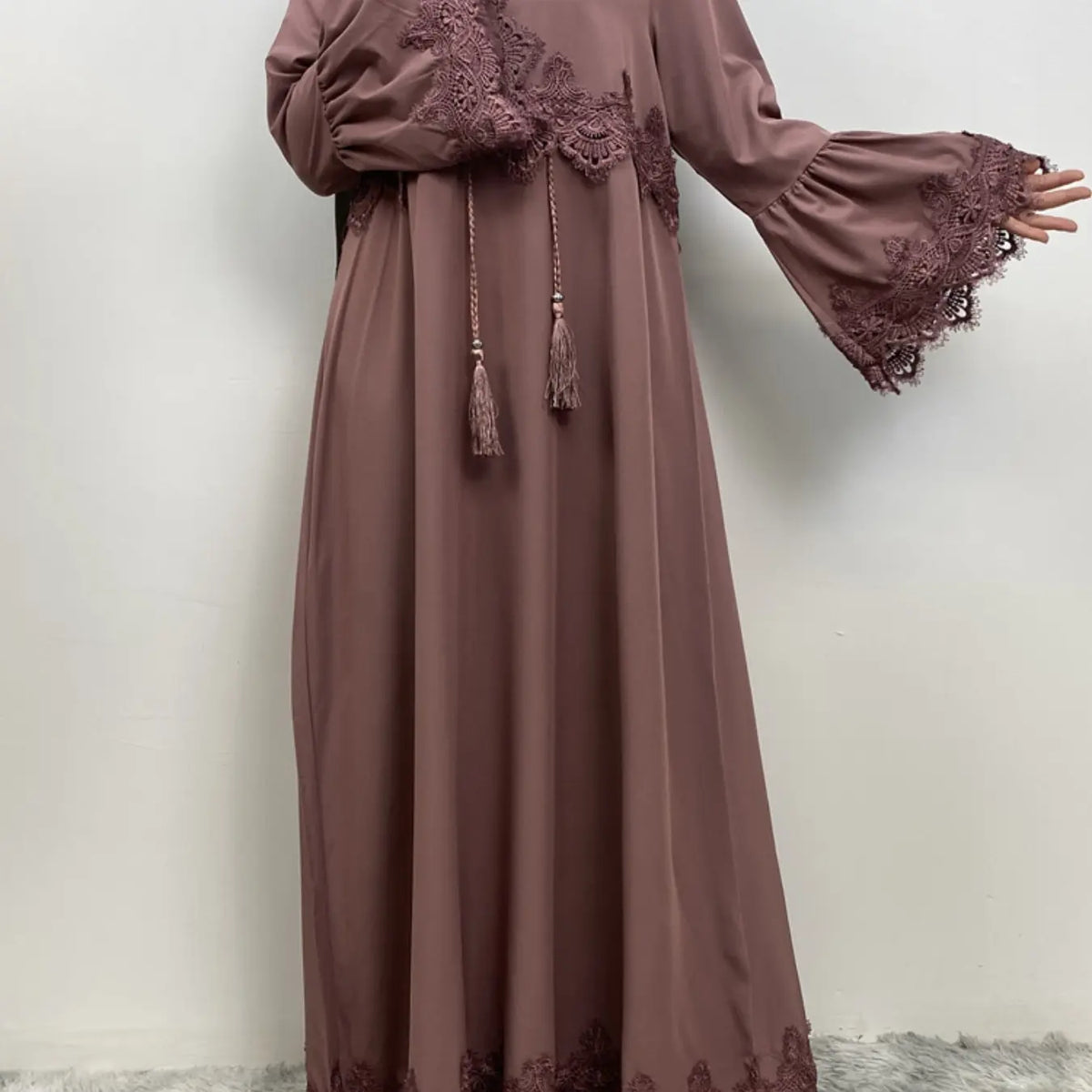Arabic Clothing-Contrast Lace Long Sleeve Drawstring Dress, Dubai Flounce Sleeve Long Dresses, Summer Outfits 2025, Muslim Islamic Kaftan, Muslim Evening Dress, Modest Style Dress, Islamic Modesty Clothes