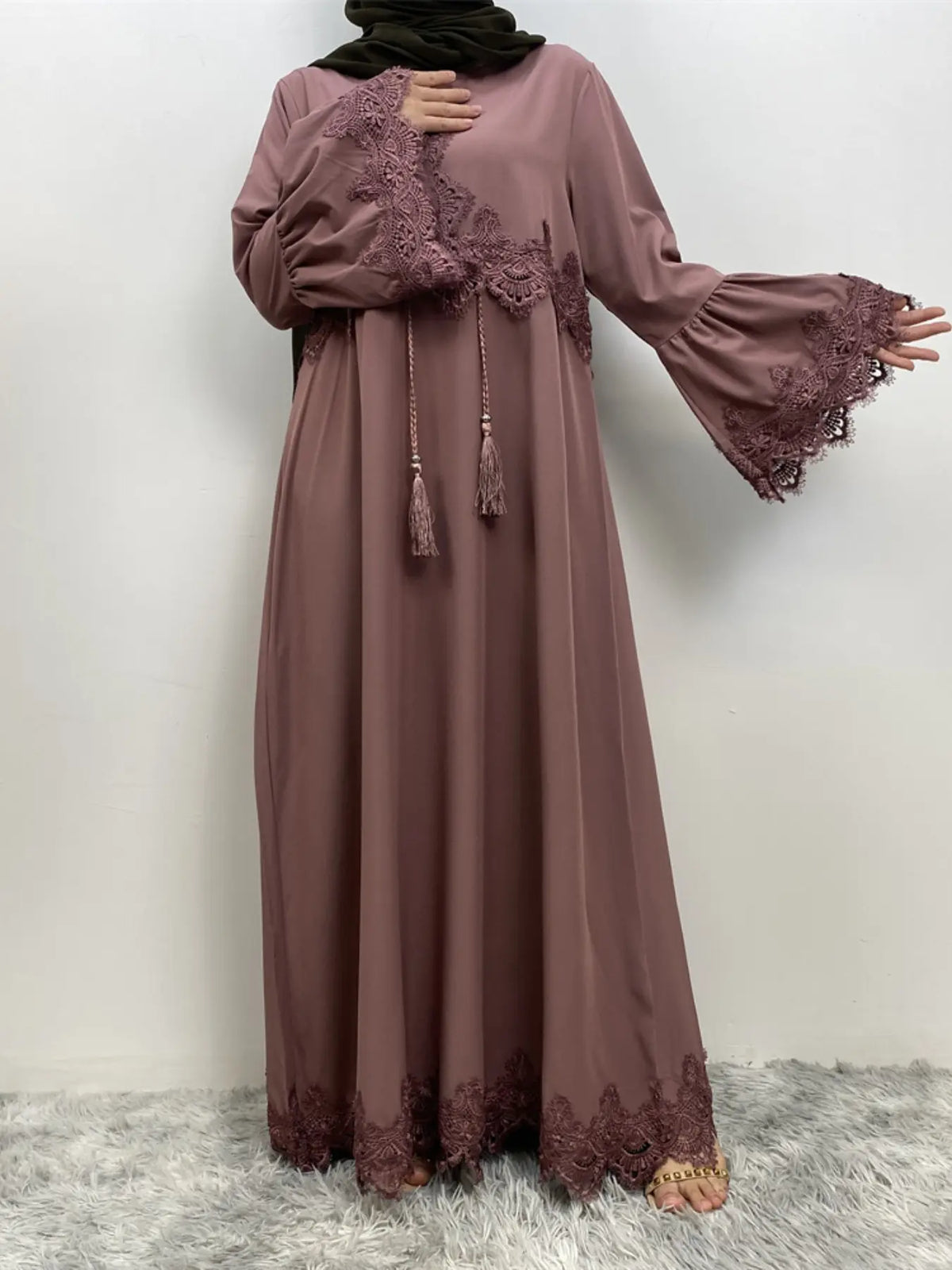 Arabic Clothing-Contrast Lace Long Sleeve Drawstring Dress, Dubai Flounce Sleeve Long Dresses, Summer Outfits 2025, Muslim Islamic Kaftan, Muslim Evening Dress, Modest Style Dress, Islamic Modesty Clothes