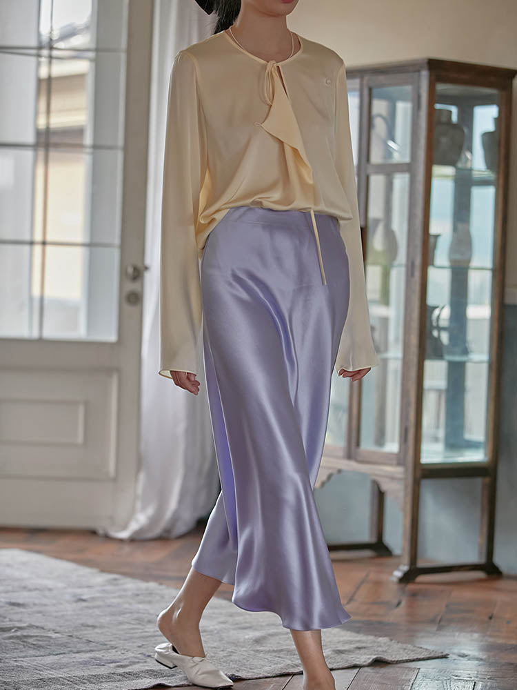Elegant A-line Satin Silk Skirt for Women - Black/Champagne