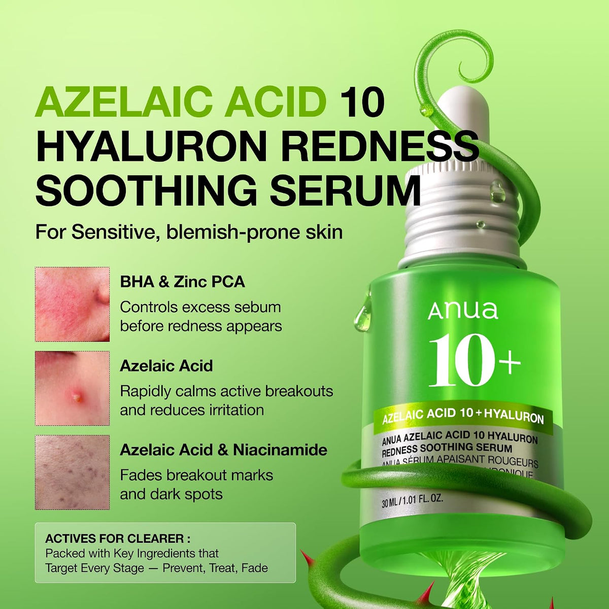 Azelaic Acid 10 Hyaluron Redness Soothing Serum, 1.01 Fl Oz | Facial Serum for Blemish-Prone & Oily-Prone Skin, Lightweight & Hydrating Blemish Care, Hyaluronic Acid, Korean Skincare
