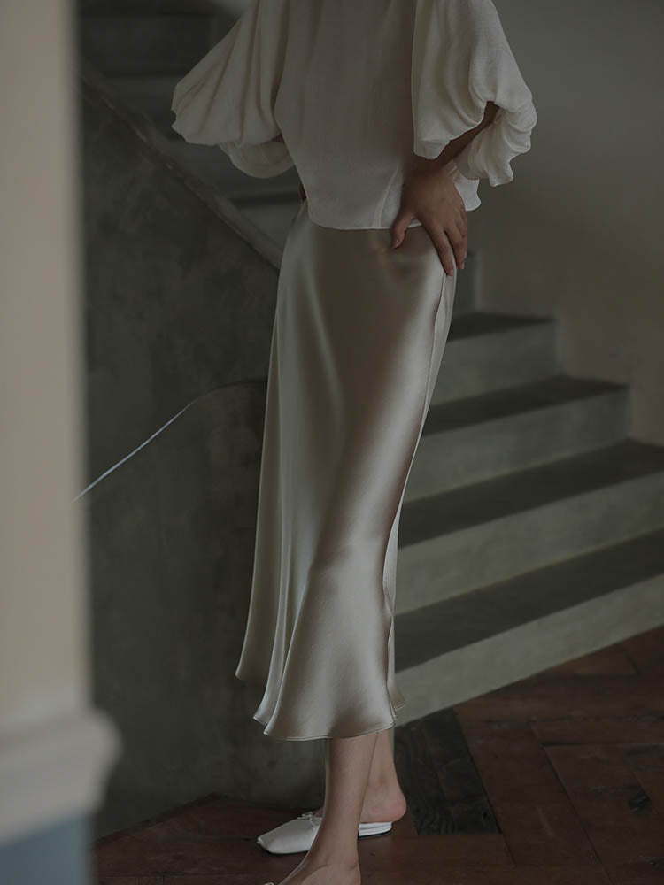 Elegant A-line Satin Silk Skirt for Women - Black/Champagne