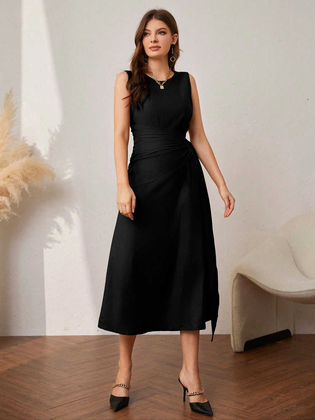 Al Najma Solid Color Elegant Sleeveless Dress with Ankle-Length Coat Set Abayas