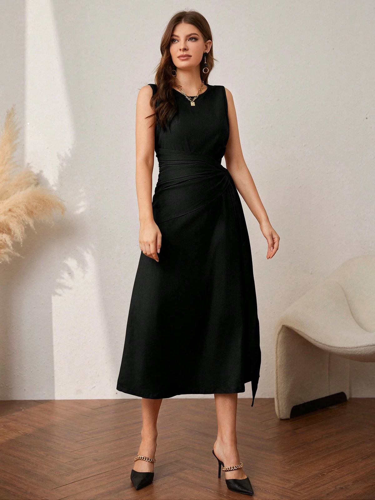 Al Najma Solid Color Elegant Sleeveless Dress with Ankle-Length Coat Set Abayas