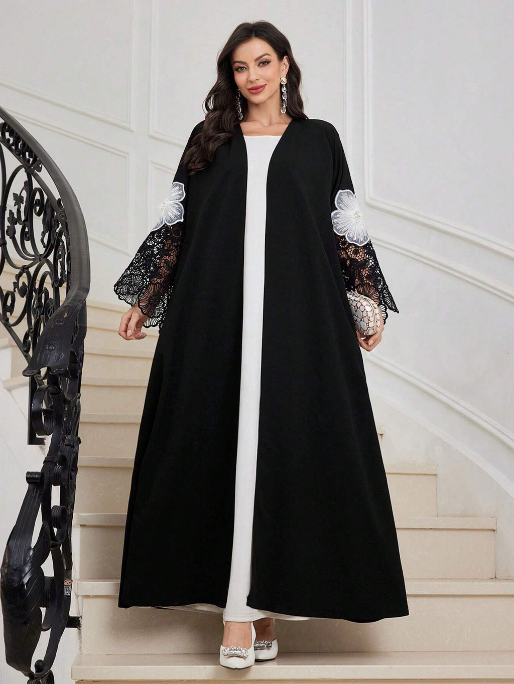 Al Najma Women Loose Fit Arabic Style Abaya Robe with Lace Cuff Patchwork & Embroidery Decor