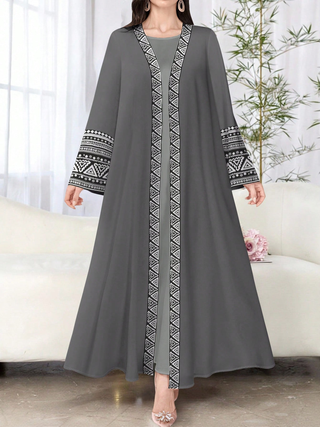 Najma Women'S Elegant Geometric Floral Print Long Sleeve Casual Arabic Robe, Spring/Autumn Abayas