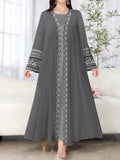 Najma Women'S Elegant Geometric Floral Print Long Sleeve Casual Arabic Robe, Spring/Autumn Abayas