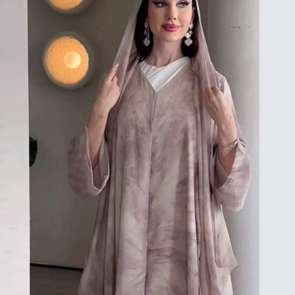 New Muslim Women Gradient Tie Dye Two-Piece Set, Muslim Clothing, Loose Batwing Sleeve Open Front Abaya Dress, Elegant Dubai Style, All Seasons Casual Wear