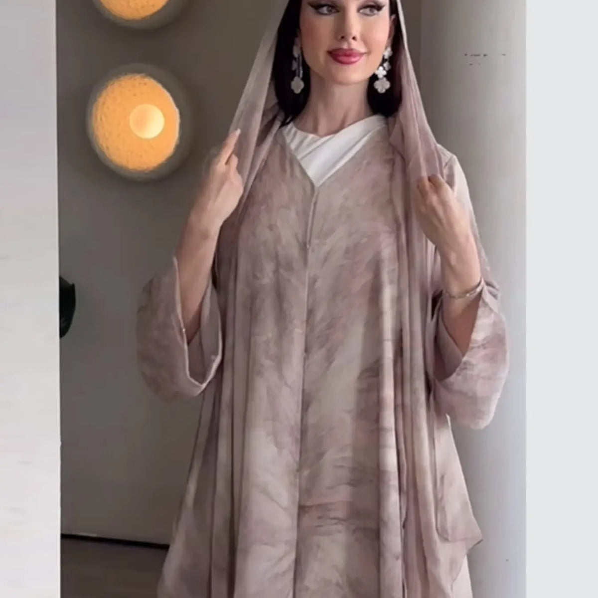 New Muslim Women Gradient Tie Dye Two-Piece Set, Muslim Clothing, Loose Batwing Sleeve Open Front Abaya Dress, Elegant Dubai Style, All Seasons Casual Wear