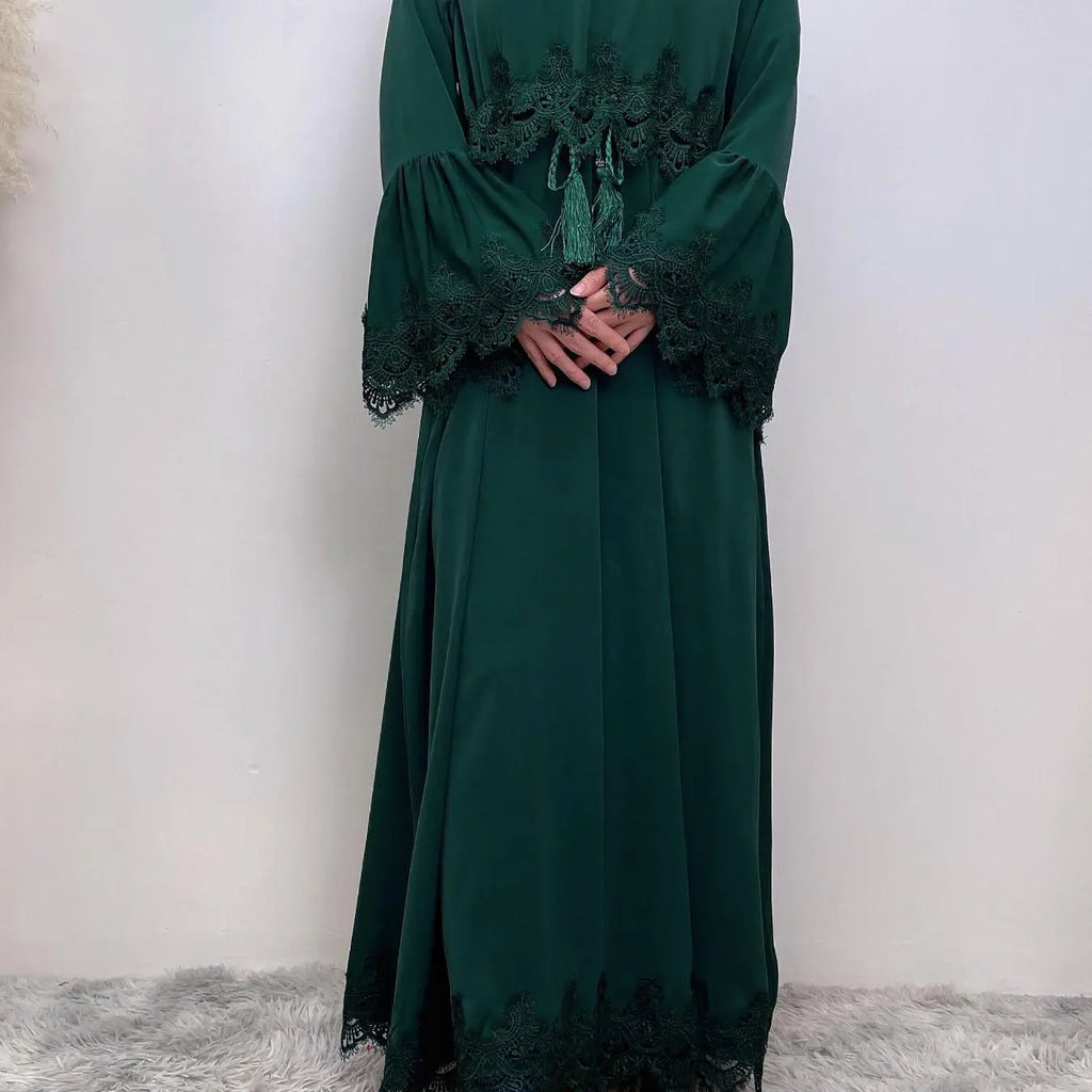 Arabic Clothing-Contrast Lace Long Sleeve Drawstring Dress, Dubai Flounce Sleeve Long Dresses, Summer Outfits 2025, Muslim Islamic Kaftan, Muslim Evening Dress, Modest Style Dress, Islamic Modesty Clothes