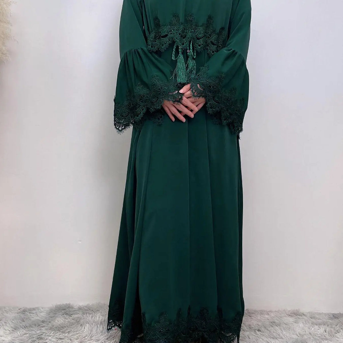 Arabic Clothing-Contrast Lace Long Sleeve Drawstring Dress, Dubai Flounce Sleeve Long Dresses, Summer Outfits 2025, Muslim Islamic Kaftan, Muslim Evening Dress, Modest Style Dress, Islamic Modesty Clothes