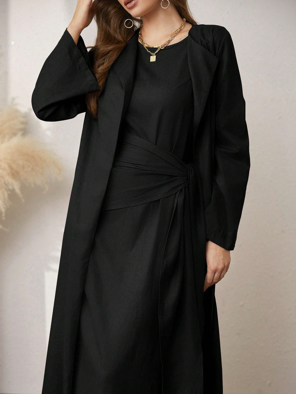 Al Najma Solid Color Elegant Sleeveless Dress with Ankle-Length Coat Set Abayas
