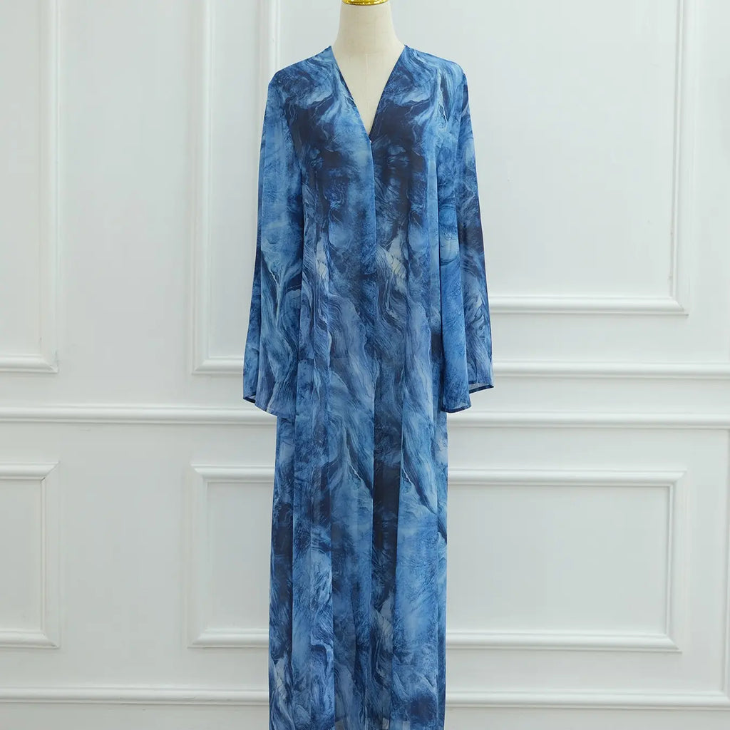 New Muslim Women Gradient Tie Dye Two-Piece Set, Muslim Clothing, Loose Batwing Sleeve Open Front Abaya Dress, Elegant Dubai Style, All Seasons Casual Wear