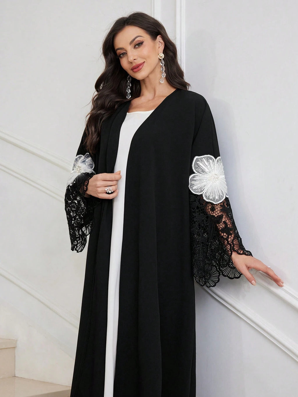 Al Najma Women Loose Fit Arabic Style Abaya Robe with Lace Cuff Patchwork & Embroidery Decor