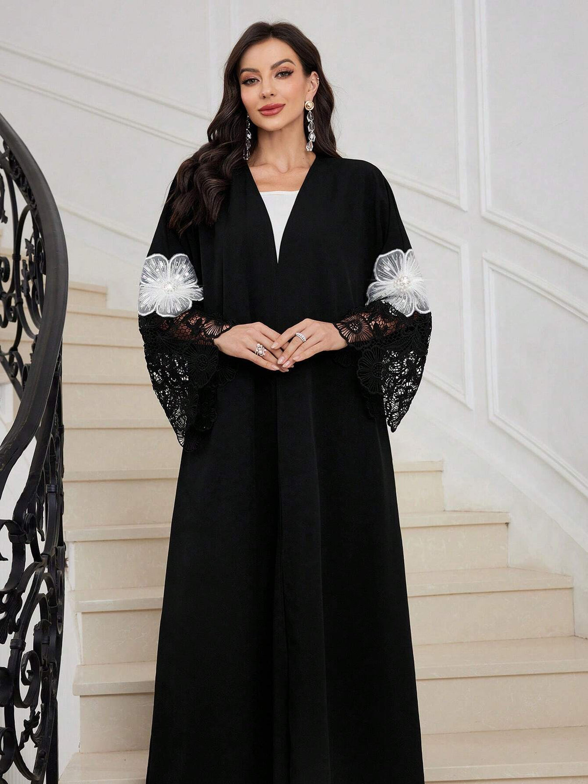 Al Najma Women Loose Fit Arabic Style Abaya Robe with Lace Cuff Patchwork & Embroidery Decor