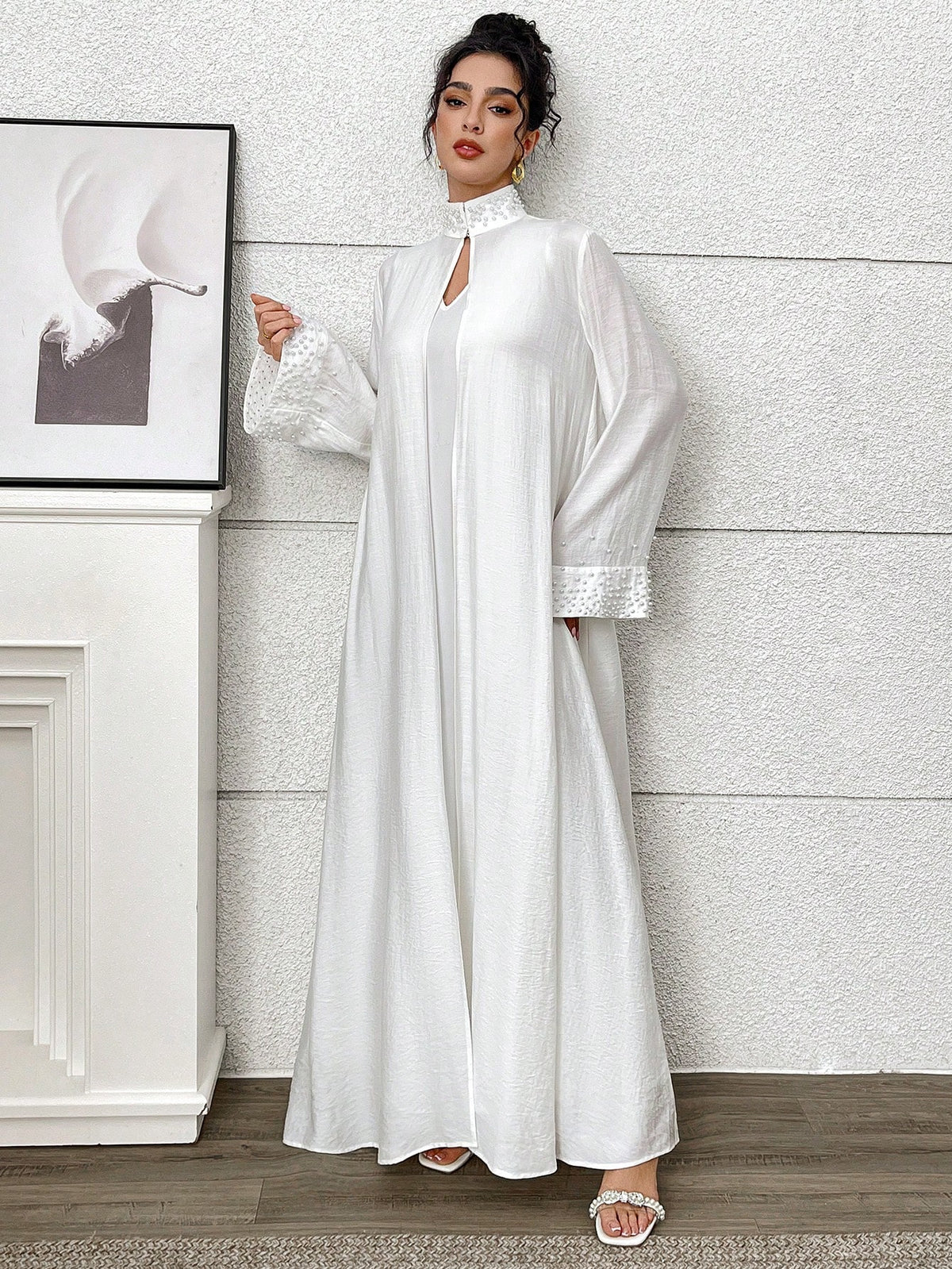 Yasmyna Women'S Elegant Solid Color Beaded Decorated Abaya Robe, Abayas,Modest
