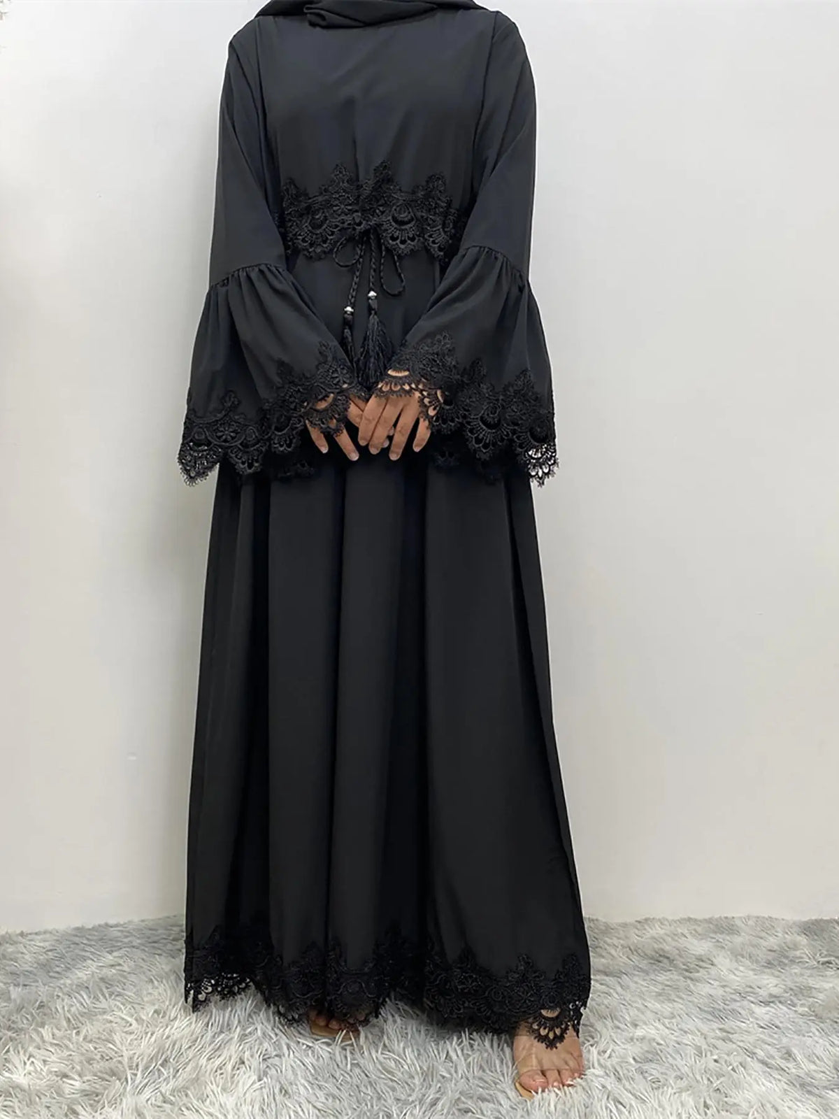 Arabic Clothing-Contrast Lace Long Sleeve Drawstring Dress, Dubai Flounce Sleeve Long Dresses, Summer Outfits 2025, Muslim Islamic Kaftan, Muslim Evening Dress, Modest Style Dress, Islamic Modesty Clothes