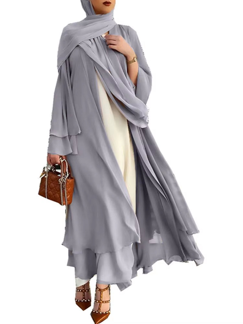Fashion Chiffon Abaya Kimono Dubai Muslim Cardigan Abayas Women Casual Robe Female Islam Clothes with Belt F2664
