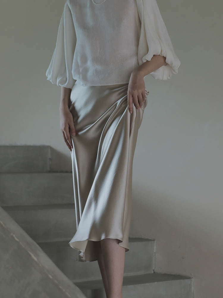 Elegant A-line Satin Silk Skirt for Women - Black/Champagne