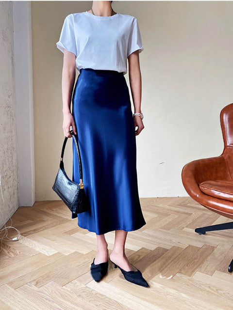 Elegant A-line Satin Silk Skirt for Women - Black/Champagne