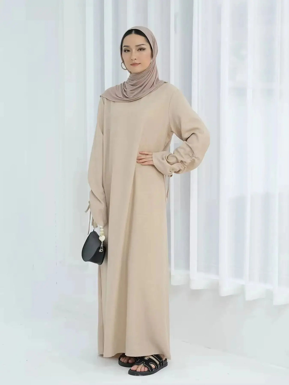 Latest Fashion Cuff Tie Muslim Robe Abaya Syari Female Muslim Abaya Worship Service Abayas Wy2061