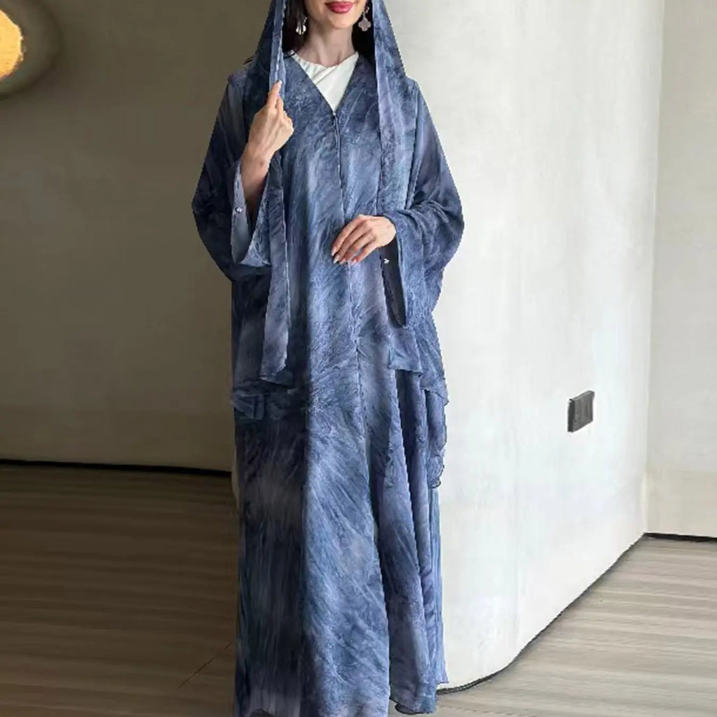 New Muslim Women Gradient Tie Dye Two-Piece Set, Muslim Clothing, Loose Batwing Sleeve Open Front Abaya Dress, Elegant Dubai Style, All Seasons Casual Wear