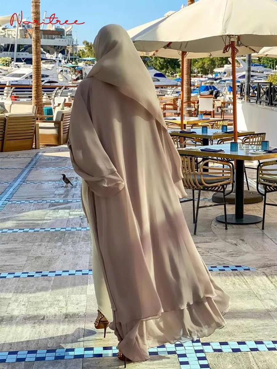 Fashion Chiffon Abaya Kimono Dubai Muslim Cardigan Abayas Women Casual Robe Female Islam Clothes with Belt F2664