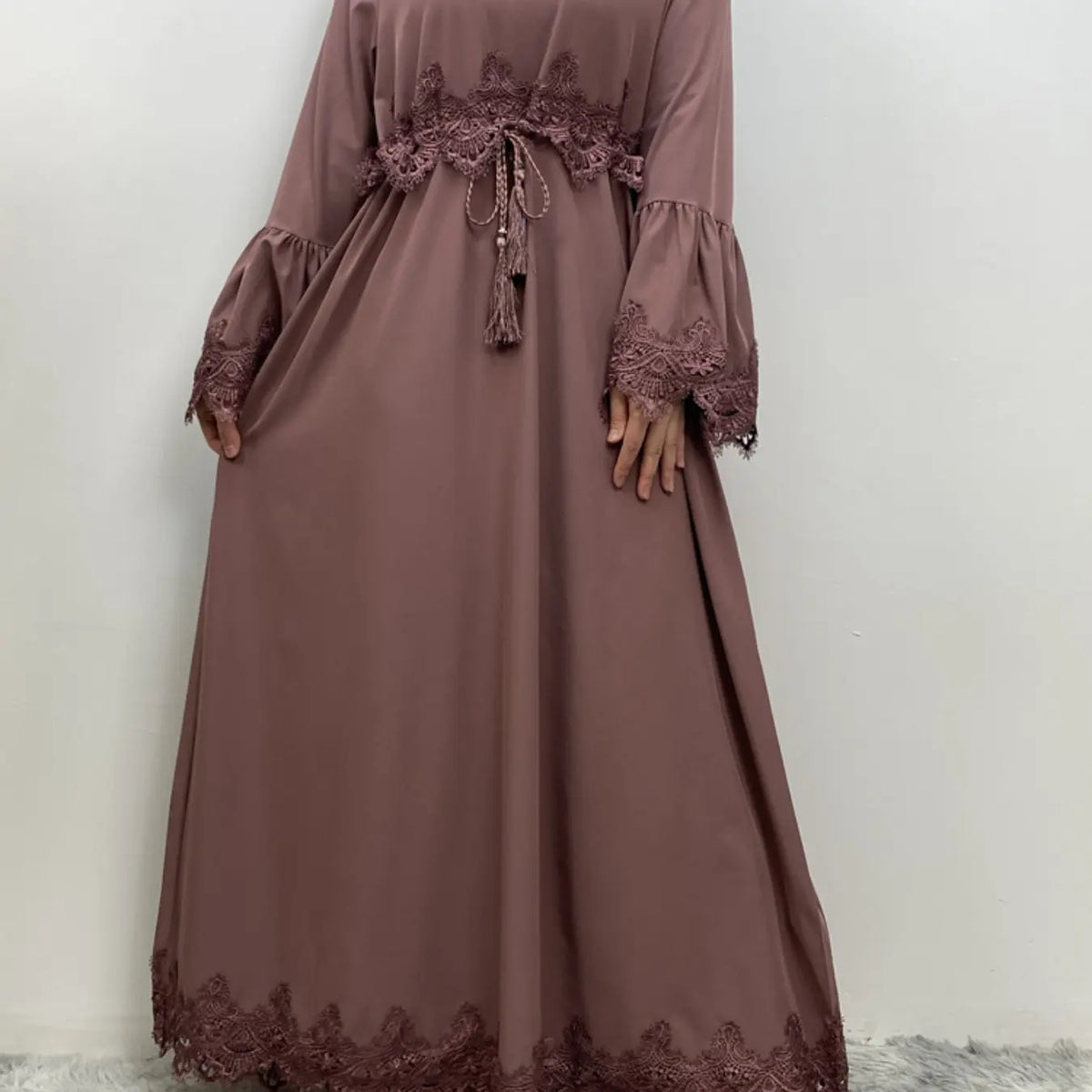 Arabic Clothing-Contrast Lace Long Sleeve Drawstring Dress, Dubai Flounce Sleeve Long Dresses, Summer Outfits 2025, Muslim Islamic Kaftan, Muslim Evening Dress, Modest Style Dress, Islamic Modesty Clothes