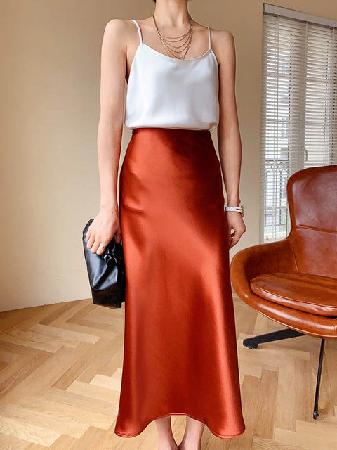 Elegant A-line Satin Silk Skirt for Women - Black/Champagne