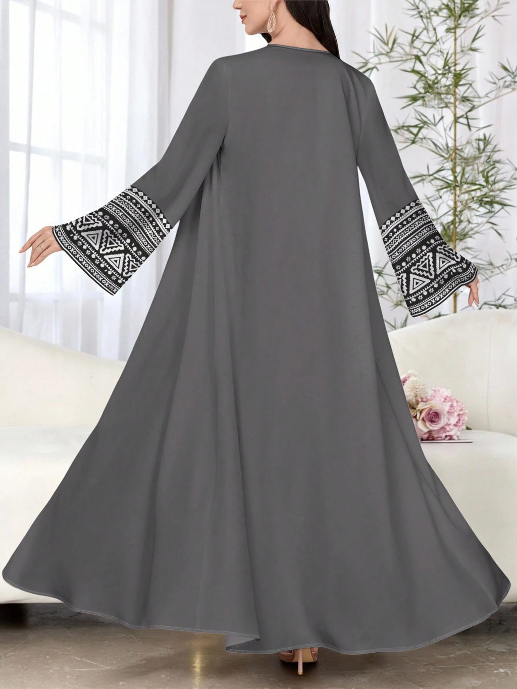 Najma Women'S Elegant Geometric Floral Print Long Sleeve Casual Arabic Robe, Spring/Autumn Abayas