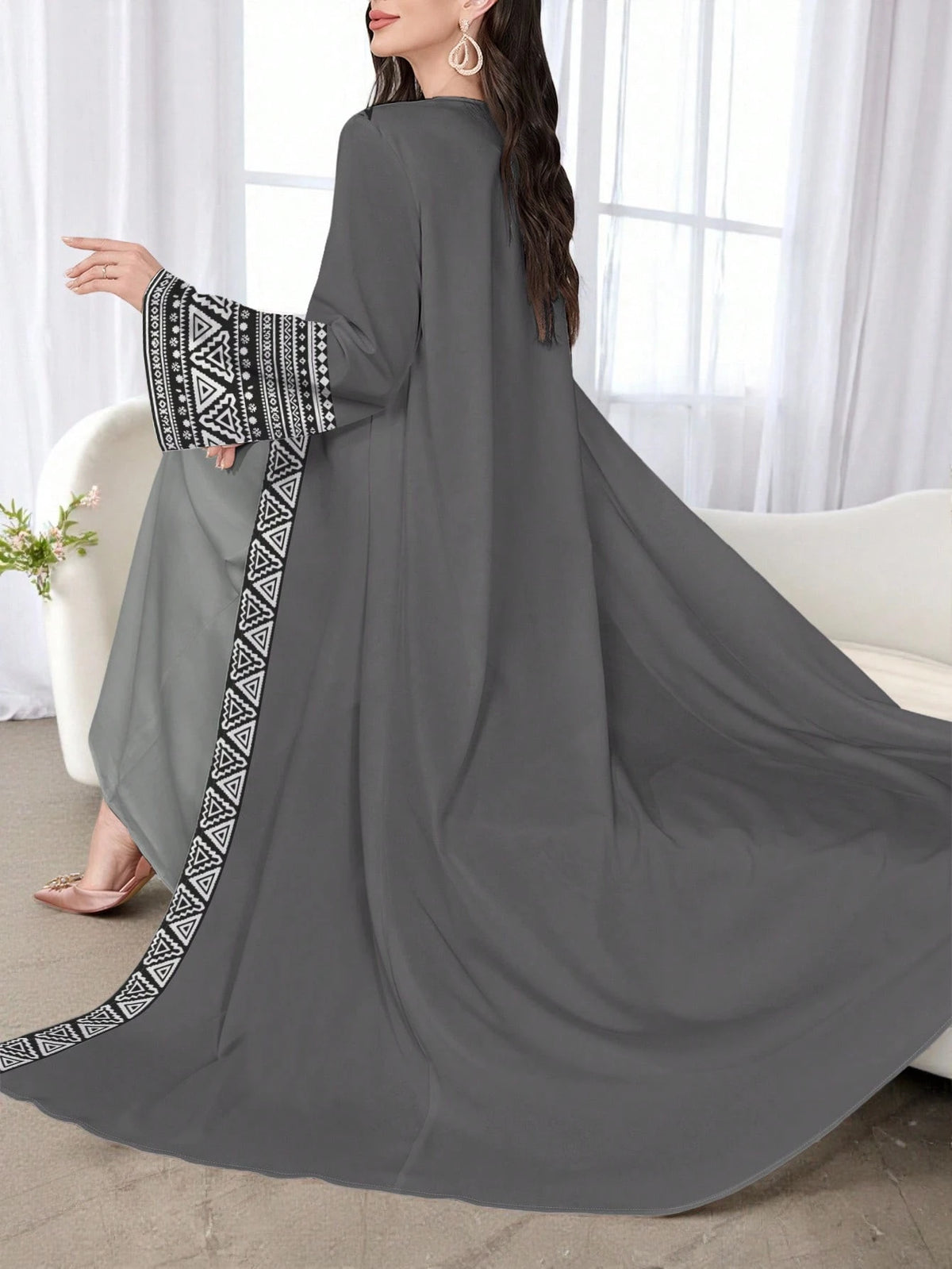 Najma Women'S Elegant Geometric Floral Print Long Sleeve Casual Arabic Robe, Spring/Autumn Abayas