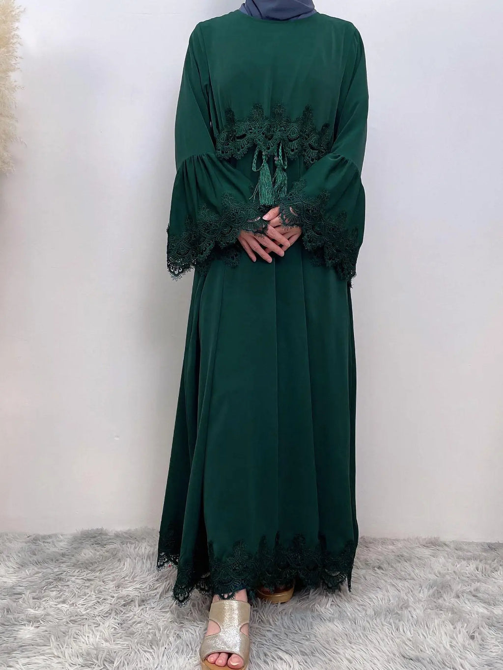 Arabic Clothing-Contrast Lace Long Sleeve Drawstring Dress, Dubai Flounce Sleeve Long Dresses, Summer Outfits 2025, Muslim Islamic Kaftan, Muslim Evening Dress, Modest Style Dress, Islamic Modesty Clothes