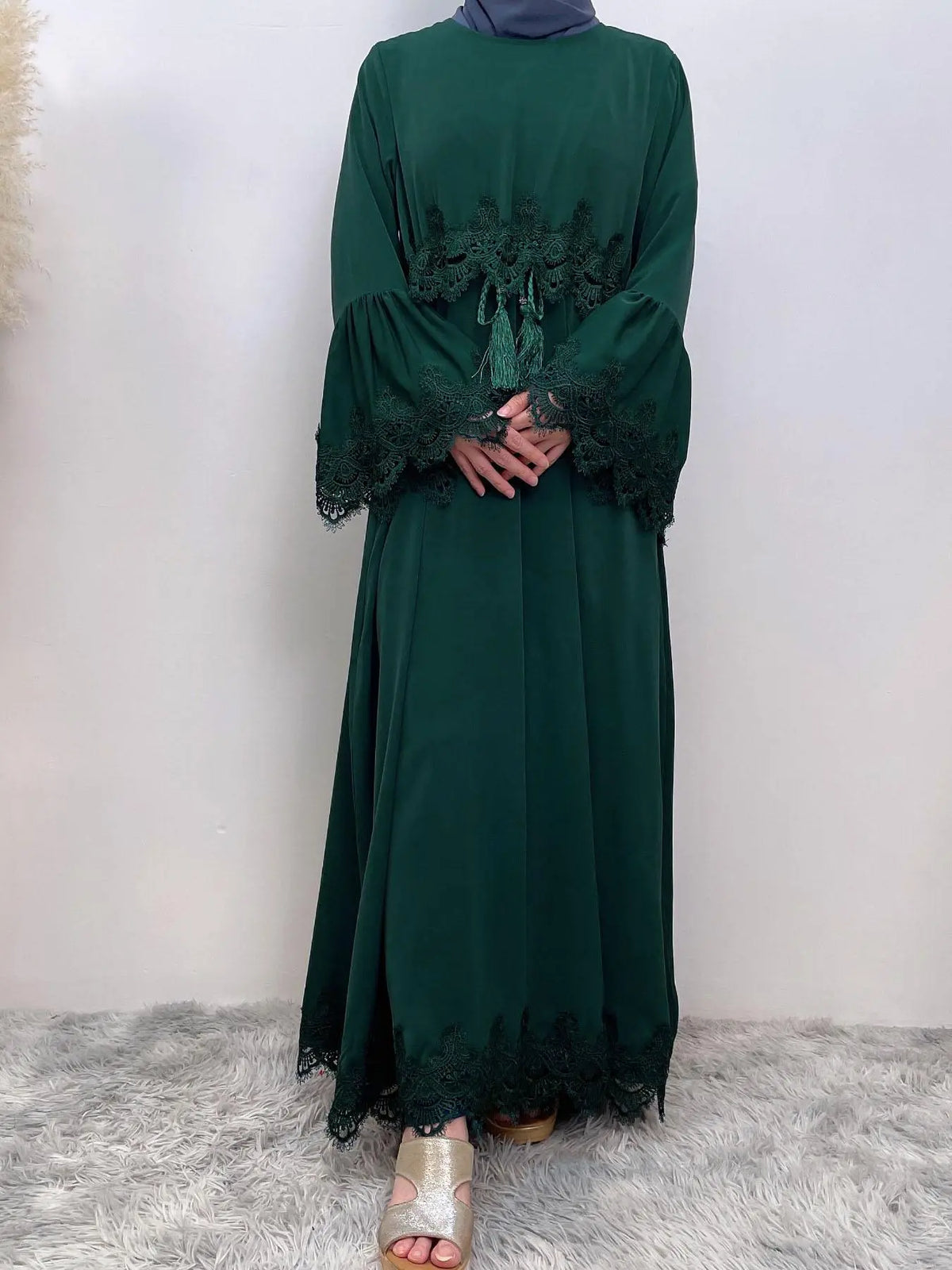 Arabic Clothing-Contrast Lace Long Sleeve Drawstring Dress, Dubai Flounce Sleeve Long Dresses, Summer Outfits 2025, Muslim Islamic Kaftan, Muslim Evening Dress, Modest Style Dress, Islamic Modesty Clothes