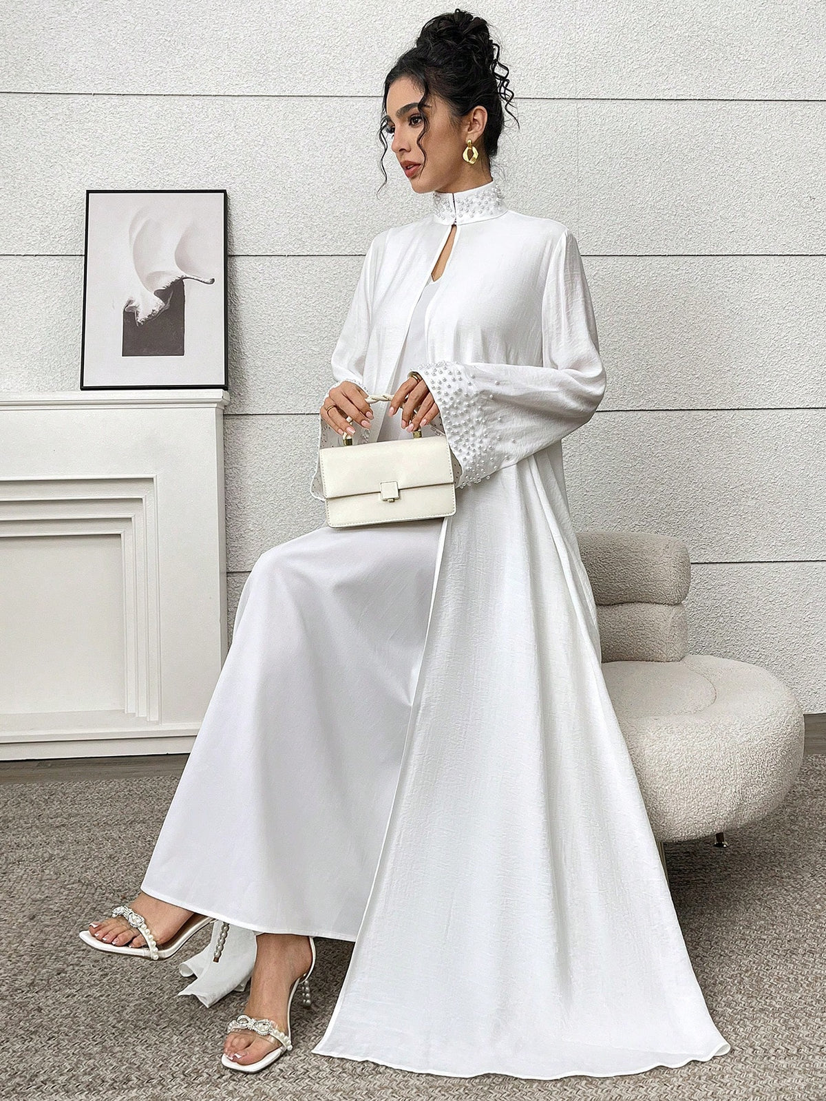 Yasmyna Women'S Elegant Solid Color Beaded Decorated Abaya Robe, Abayas,Modest