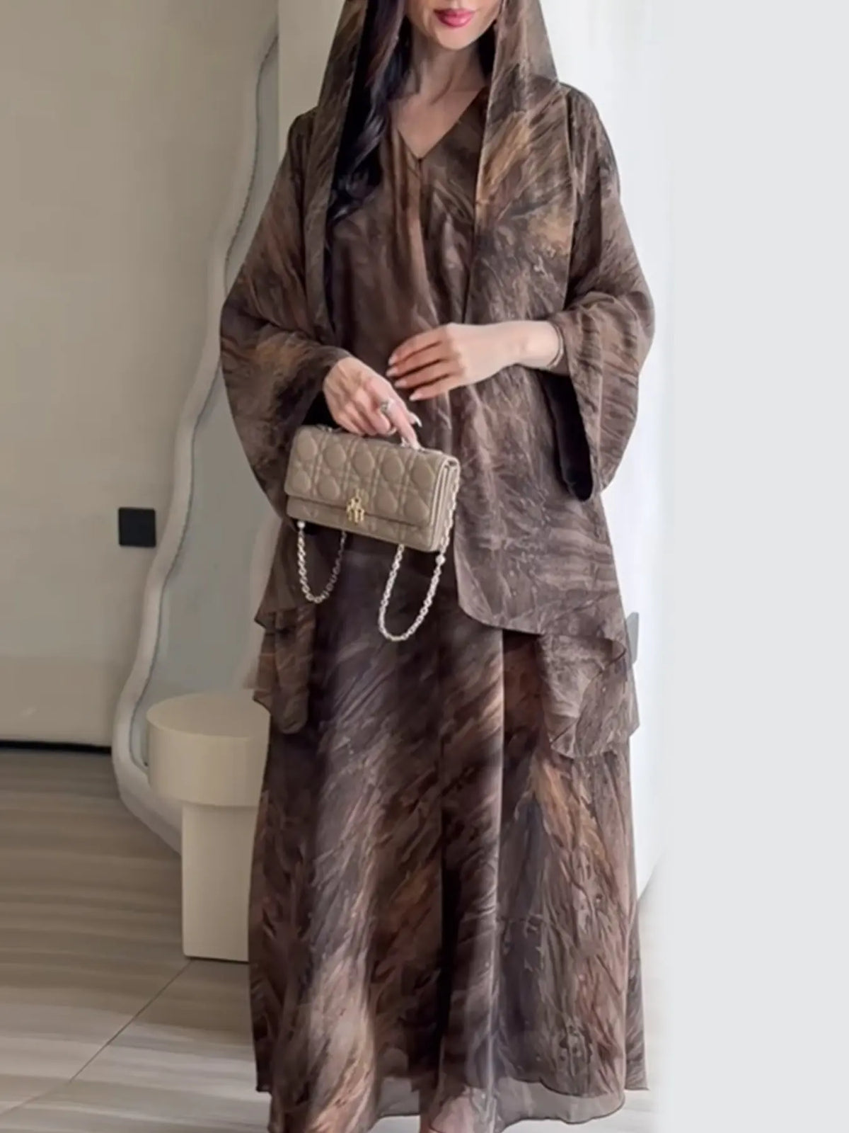 New Muslim Women Gradient Tie Dye Two-Piece Set, Muslim Clothing, Loose Batwing Sleeve Open Front Abaya Dress, Elegant Dubai Style, All Seasons Casual Wear