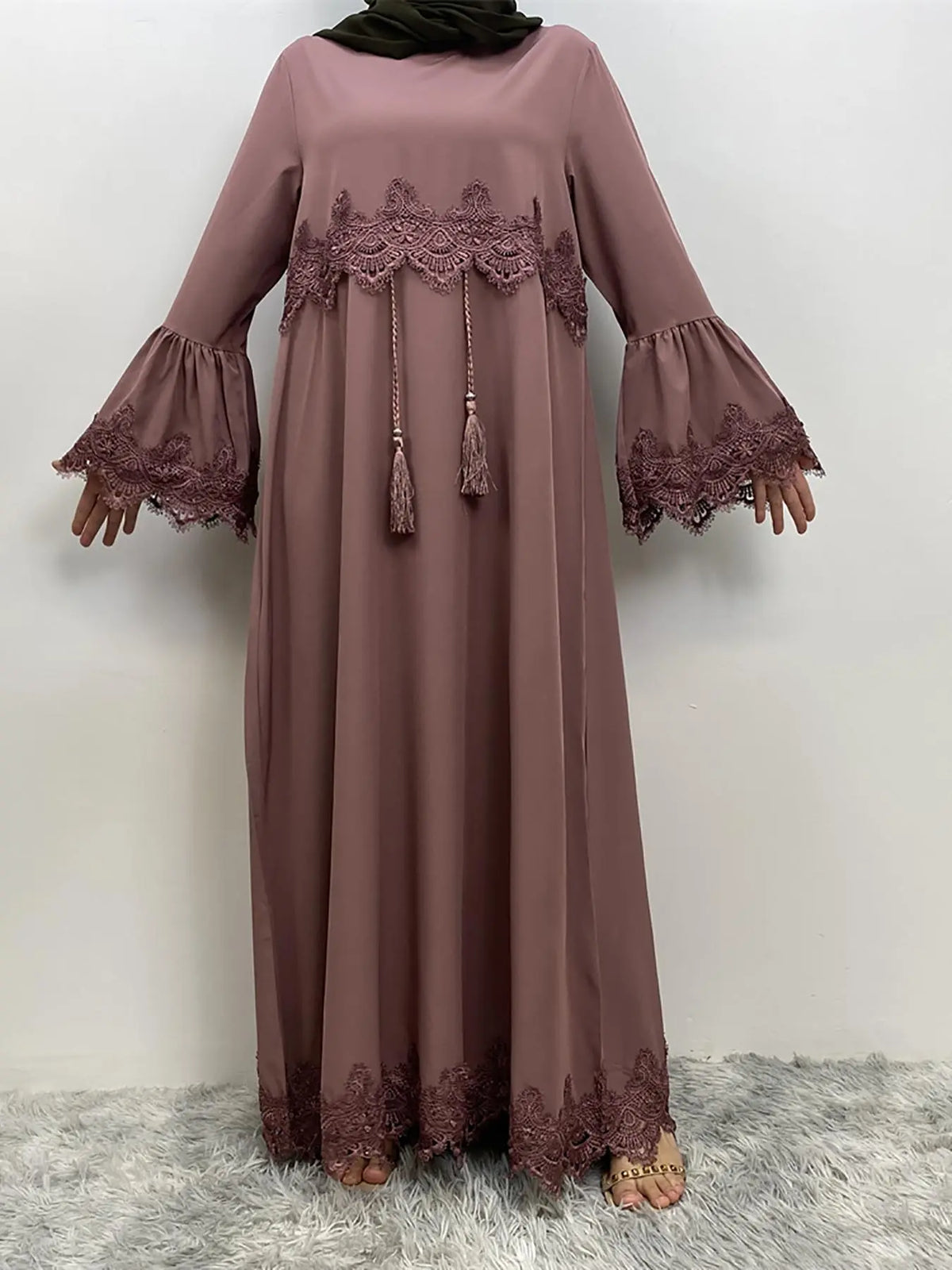 Arabic Clothing-Contrast Lace Long Sleeve Drawstring Dress, Dubai Flounce Sleeve Long Dresses, Summer Outfits 2025, Muslim Islamic Kaftan, Muslim Evening Dress, Modest Style Dress, Islamic Modesty Clothes
