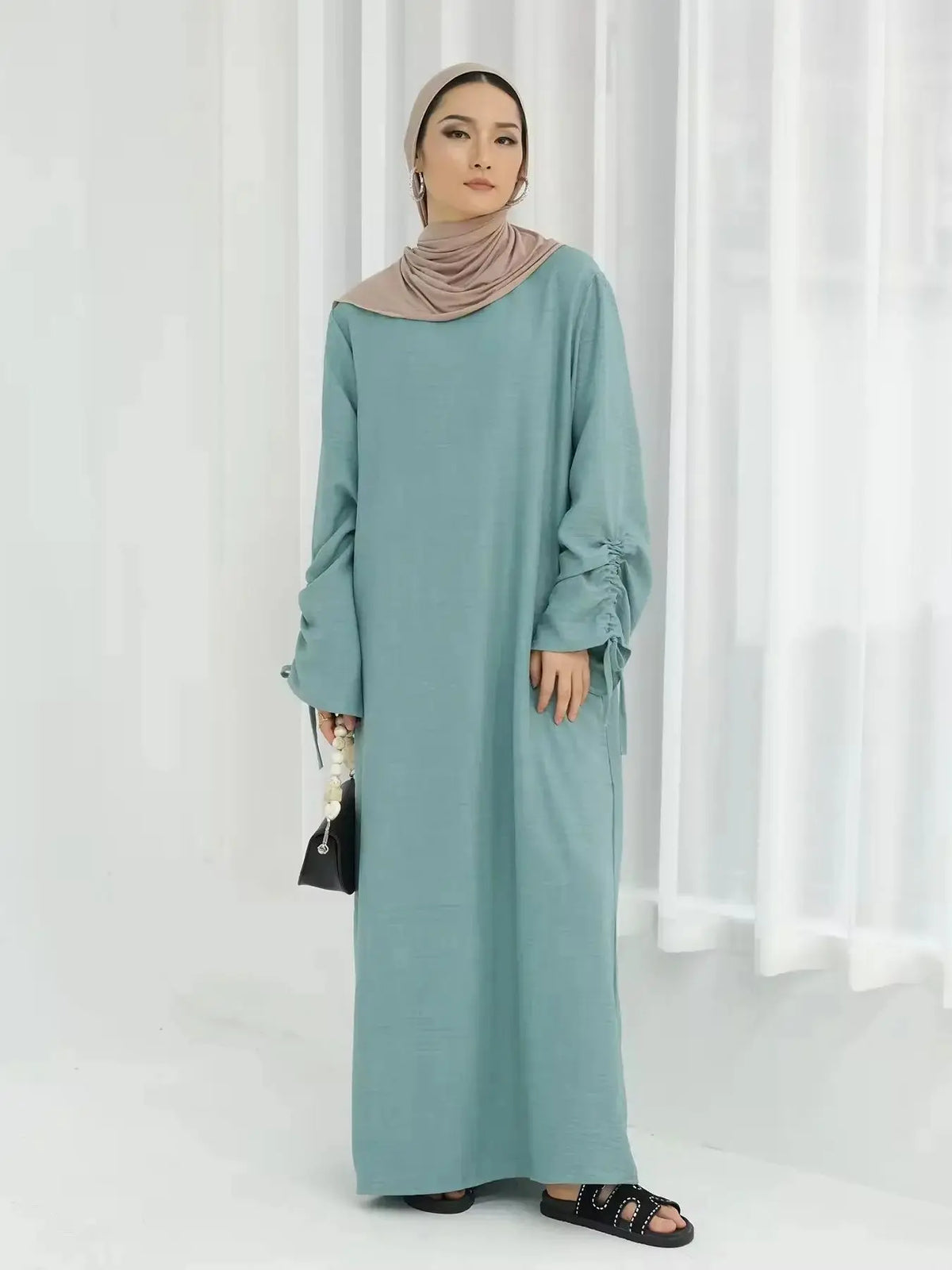 Latest Fashion Cuff Tie Muslim Robe Abaya Syari Female Muslim Abaya Worship Service Abayas Wy2061