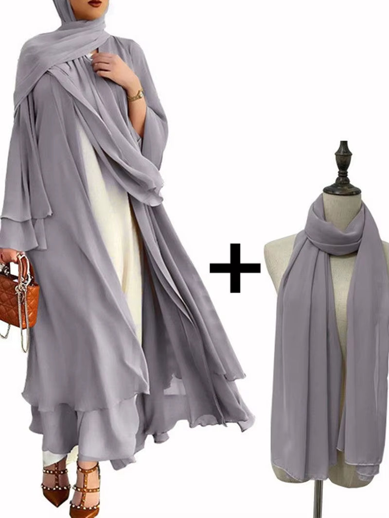 Fashion Chiffon Abaya Kimono Dubai Muslim Cardigan Abayas Women Casual Robe Female Islam Clothes with Belt F2664