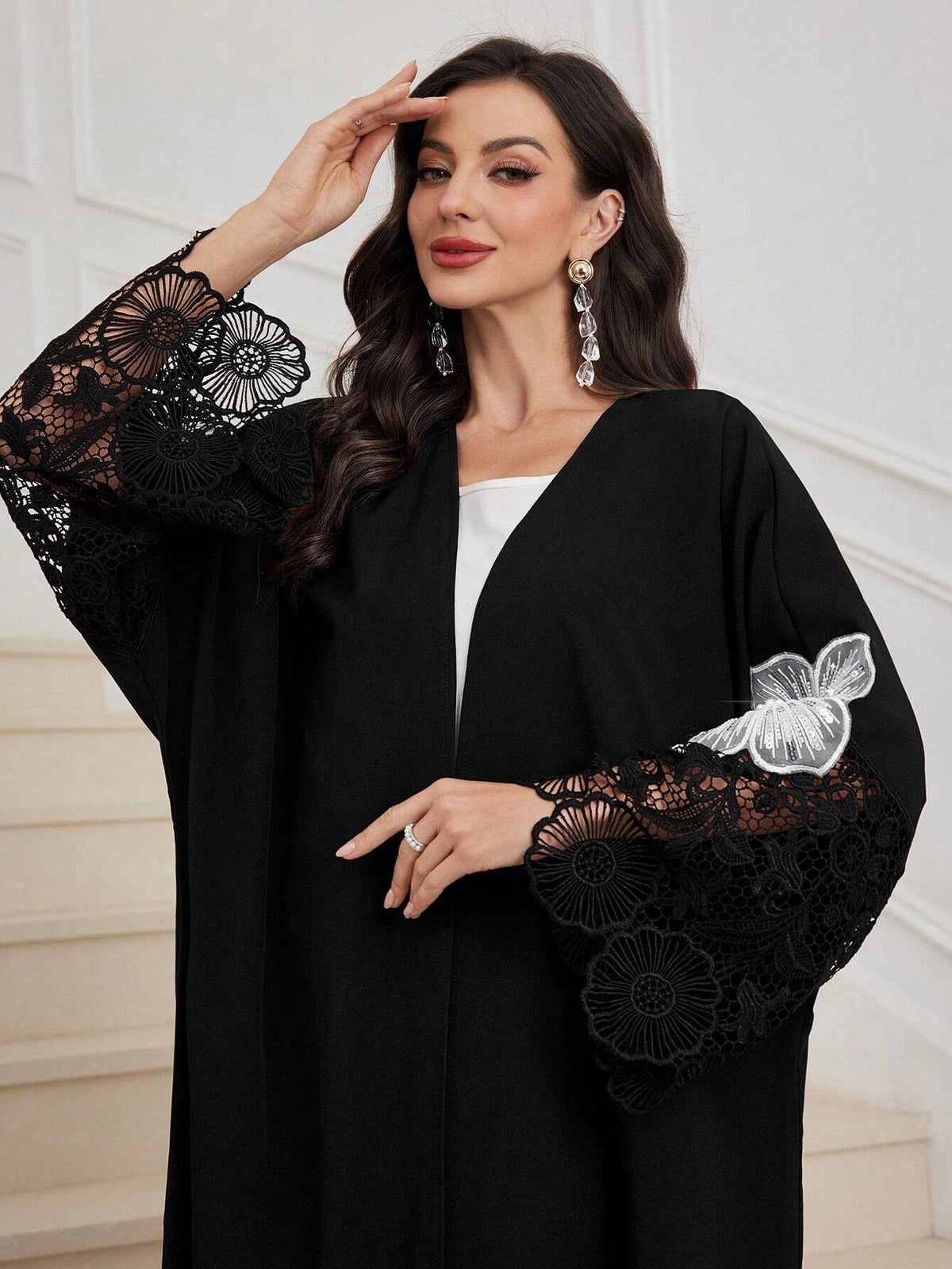 Al Najma Women Loose Fit Arabic Style Abaya Robe with Lace Cuff Patchwork & Embroidery Decor