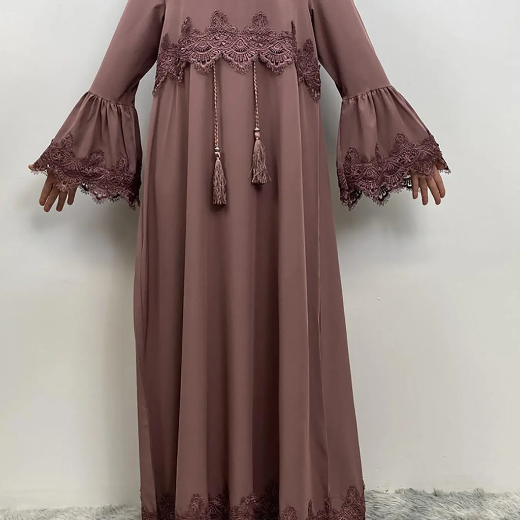 Arabic Clothing-Contrast Lace Long Sleeve Drawstring Dress, Dubai Flounce Sleeve Long Dresses, Summer Outfits 2025, Muslim Islamic Kaftan, Muslim Evening Dress, Modest Style Dress, Islamic Modesty Clothes