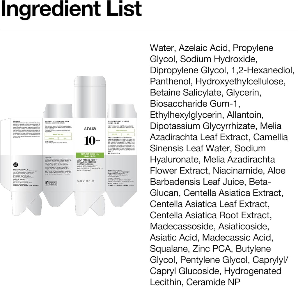 Azelaic Acid 10 Hyaluron Redness Soothing Serum, 1.01 Fl Oz | Facial Serum for Blemish-Prone & Oily-Prone Skin, Lightweight & Hydrating Blemish Care, Hyaluronic Acid, Korean Skincare