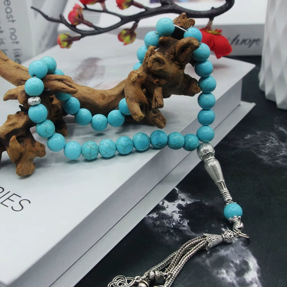 Tasbih Turquoise Natural Gemstone 33 Beads Muslim Prayer Beads Metal Tassel with Islamic Gifts for Dhikr Namaz Meditation