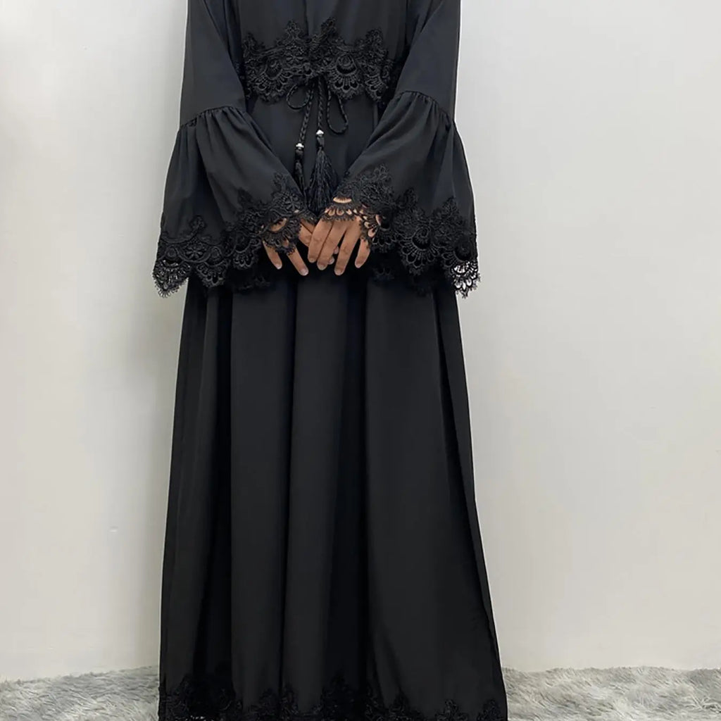 Arabic Clothing-Contrast Lace Long Sleeve Drawstring Dress, Dubai Flounce Sleeve Long Dresses, Summer Outfits 2025, Muslim Islamic Kaftan, Muslim Evening Dress, Modest Style Dress, Islamic Modesty Clothes
