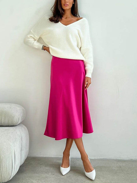 Elegant A-line Satin Silk Skirt for Women - Black/Champagne